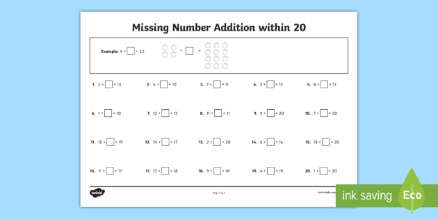 Missing Number Addition Within 20 Worksheet / Worksheet - Mental ...
