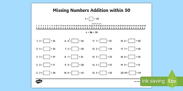 Missing Numbers Addition within 50 Worksheet / Worksheet
