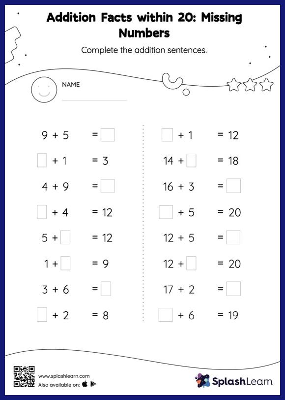 Addition Facts within 20: Missing Numbers - Math Worksheets ...