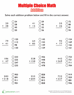 Multiple Choice Math: Addition | Interactive Worksheet 