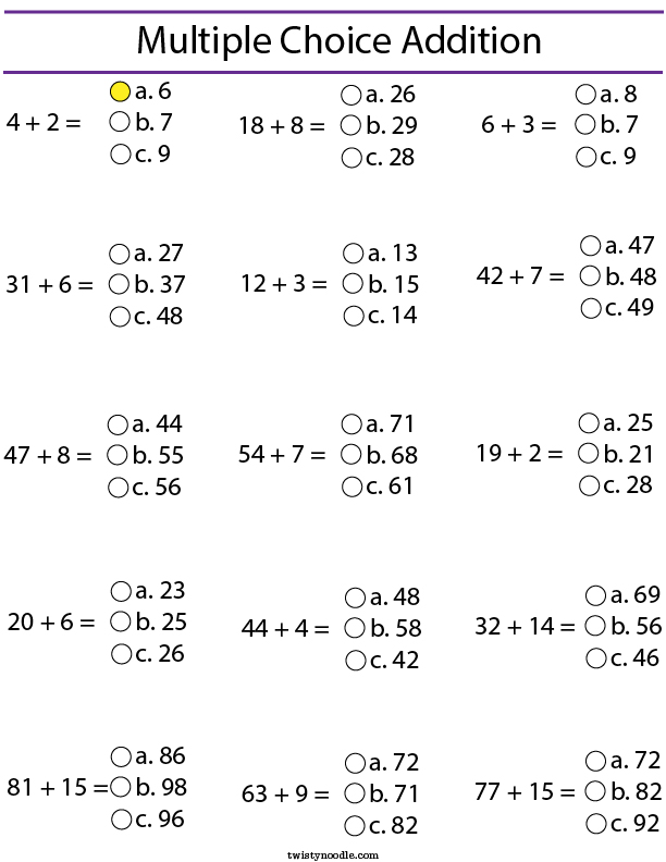 Multiple Choice Addition Math Worksheet - Twisty Noodle