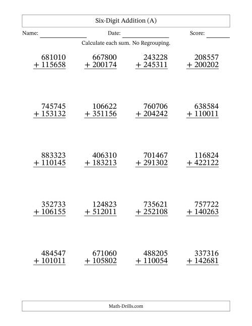 Six-Digit Addition With No Regrouping - 20 Questions (A)