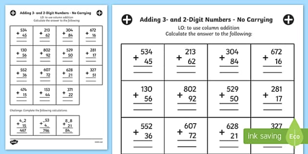Add 3 and 2 Digit Numbers using Standard Written Form No Carrying ...