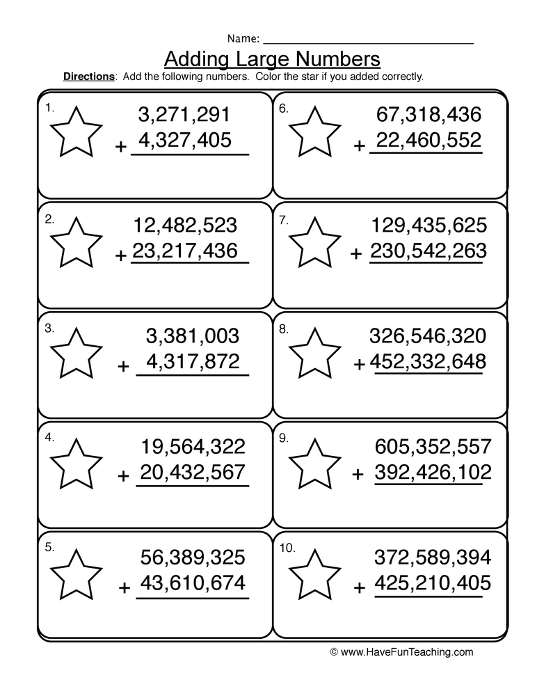 Adding Millions No Regrouping Worksheet  