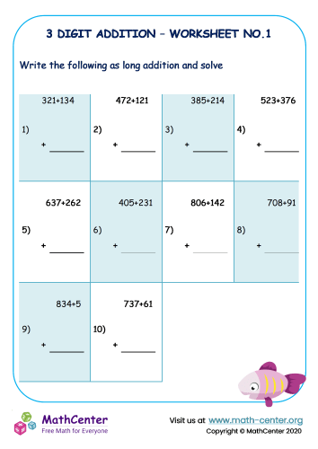 3 digit addition - Worksheet No.1 | Worksheets | Math Center