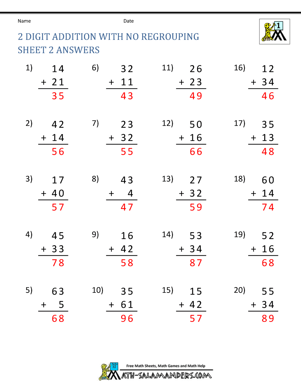 2 Digit Addition Without Regrouping