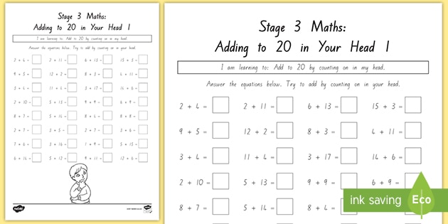 Stage 3 (Phase 1) Maths Adding to 20 in Your Head 1 Worksheet