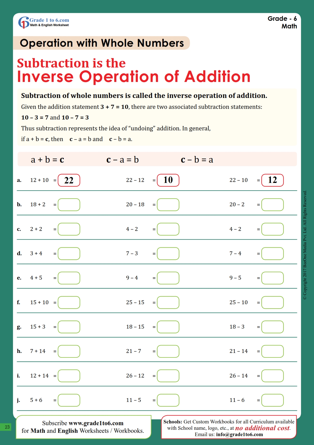 Subtraction is the Inverse of Addition Worksheet | Grade1to6