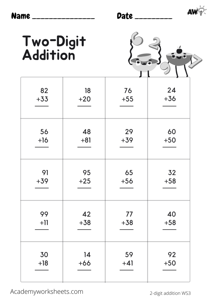 2 Digit Addition - With Carrying - Academy Worksheets