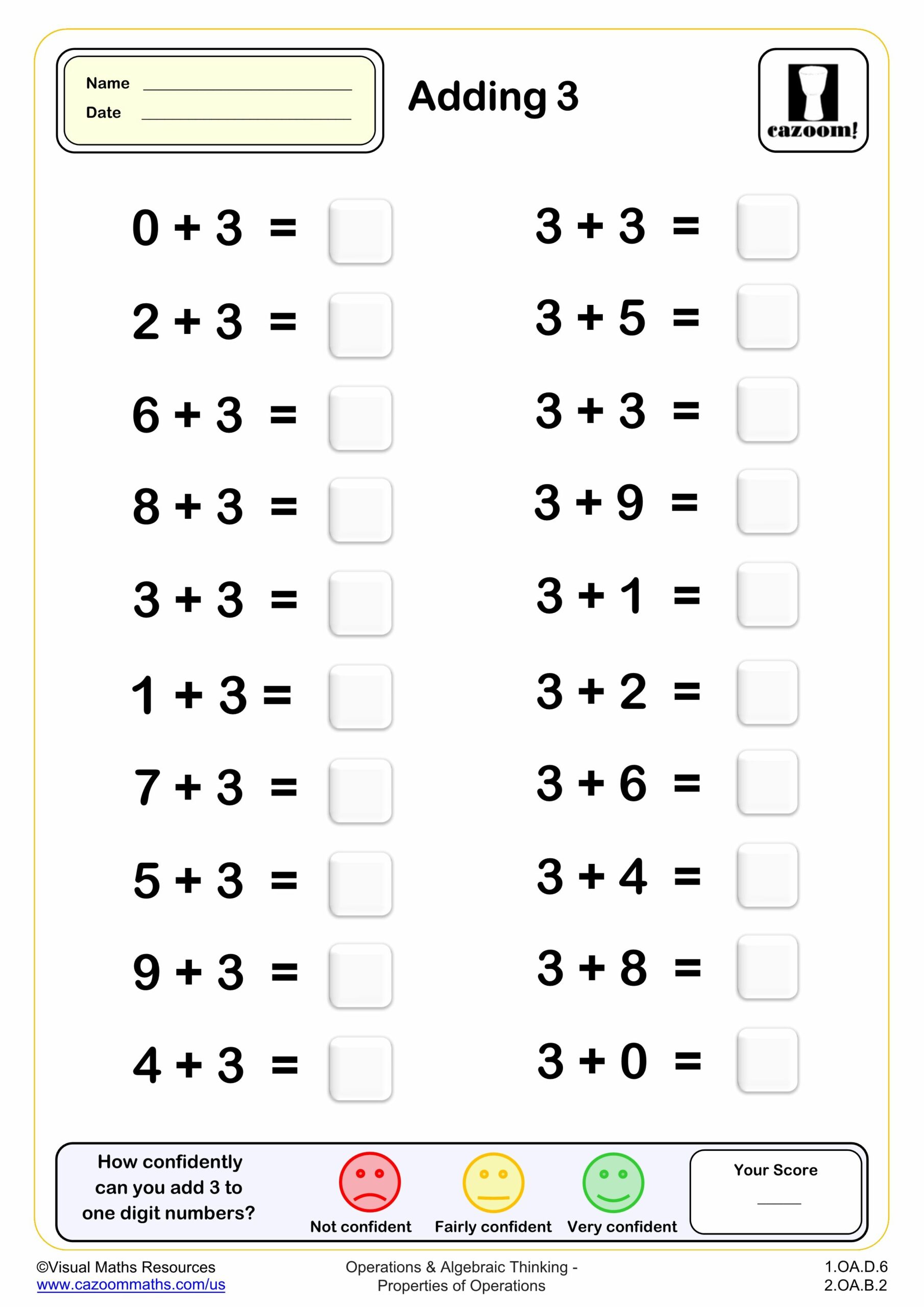 Adding 3 (20 questions) | PDF printable Addition Worksheets