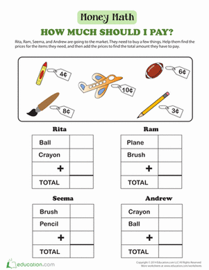 addition worksheet on money