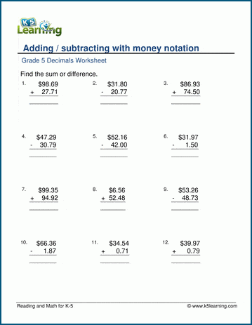 addition worksheet on money