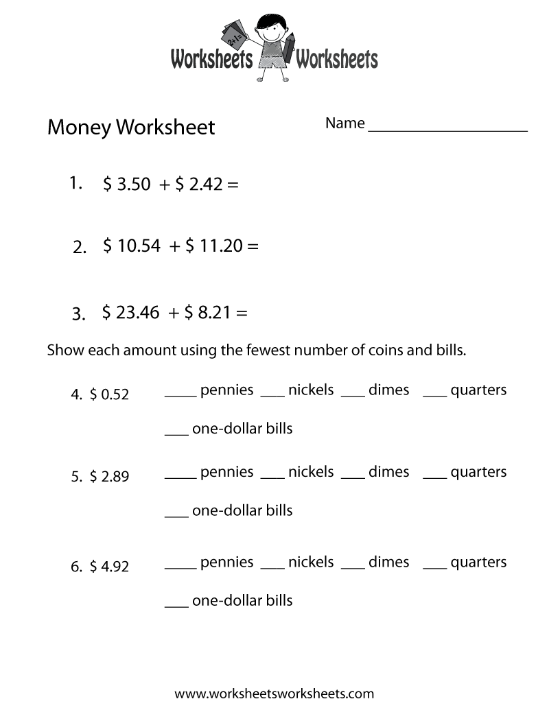 addition worksheet on money