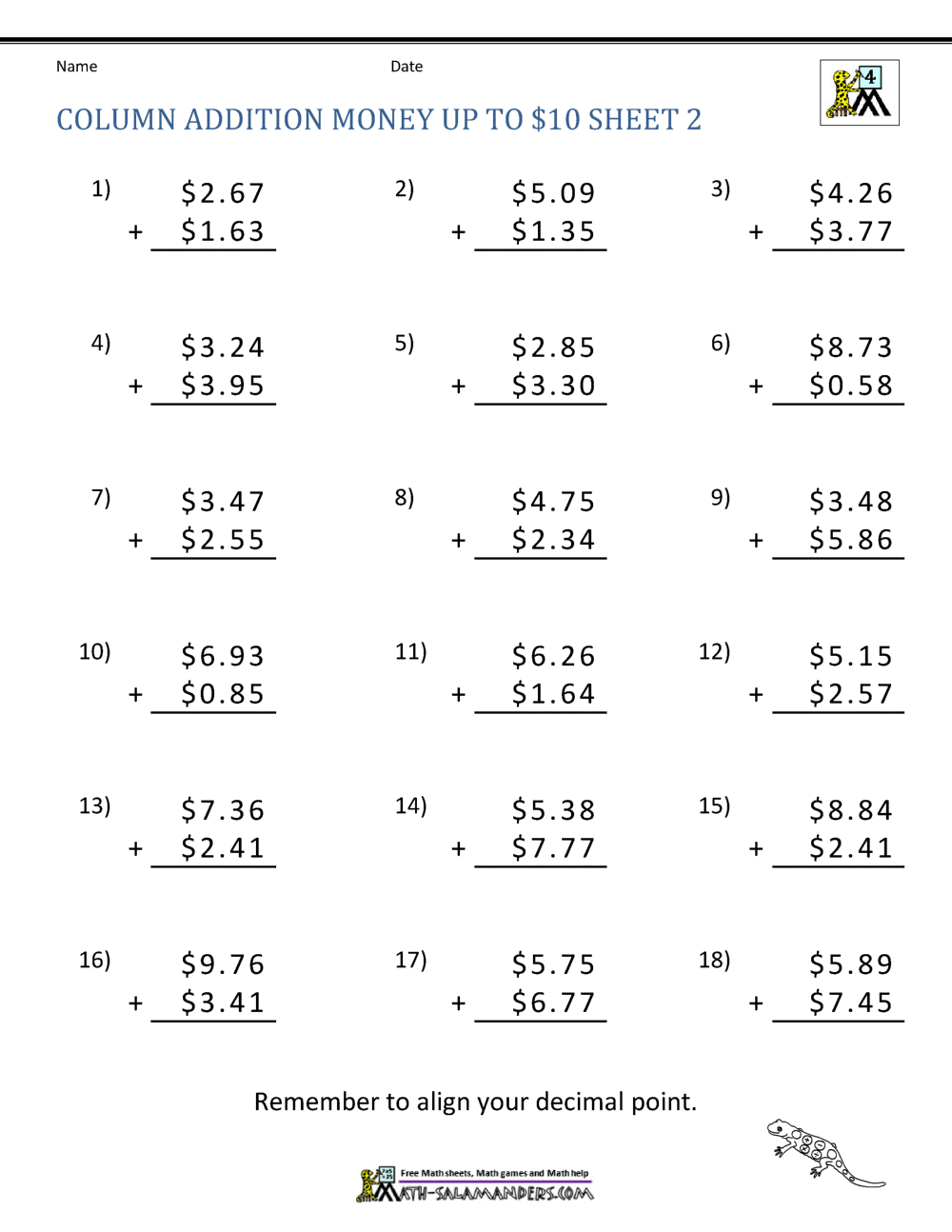 Money Addition Worksheet collection 4th Grade
