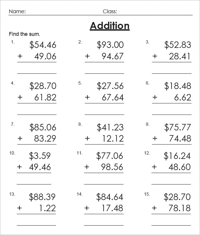 addition worksheet on money