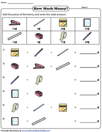 addition worksheet on money