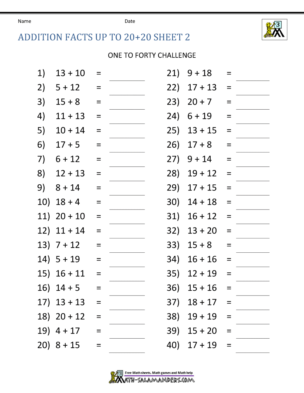 Math Addition Facts to 20