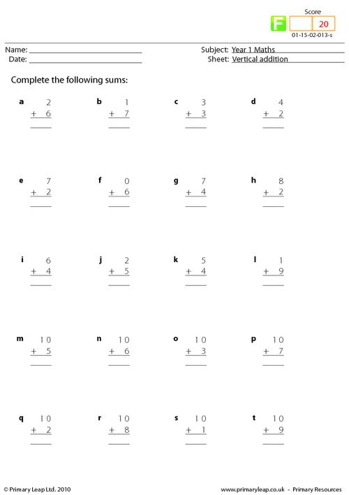Numeracy: Vertical addition | Worksheet | PrimaryLeap.co.uk