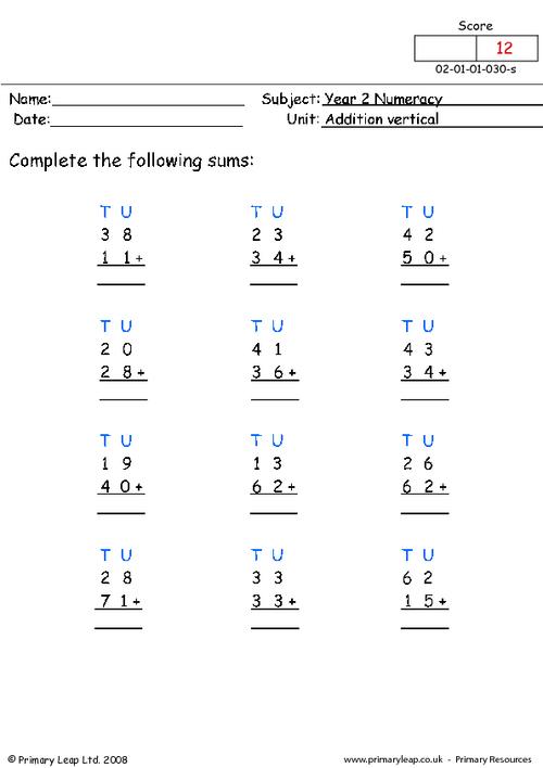 Numeracy: Addition vertical (1) | Worksheet | PrimaryLeap.co.uk