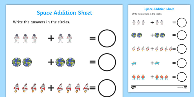 Space Simple Addition Worksheet - Primary Resources - Twinkl