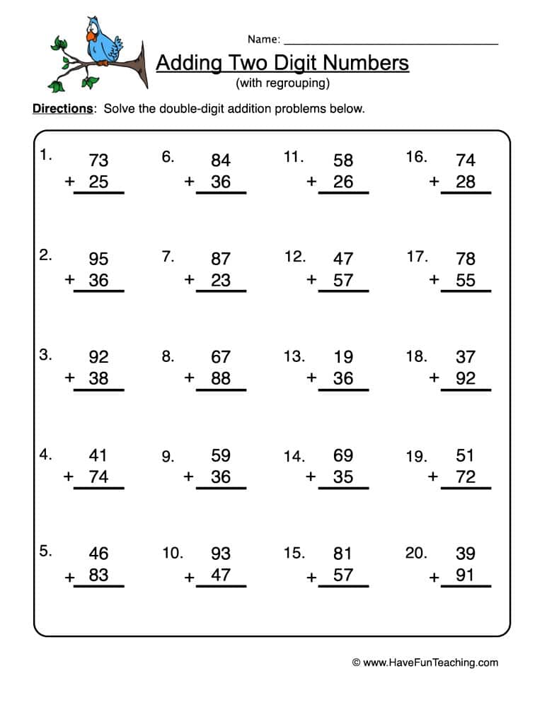 addition worksheet regrouping 2 digit