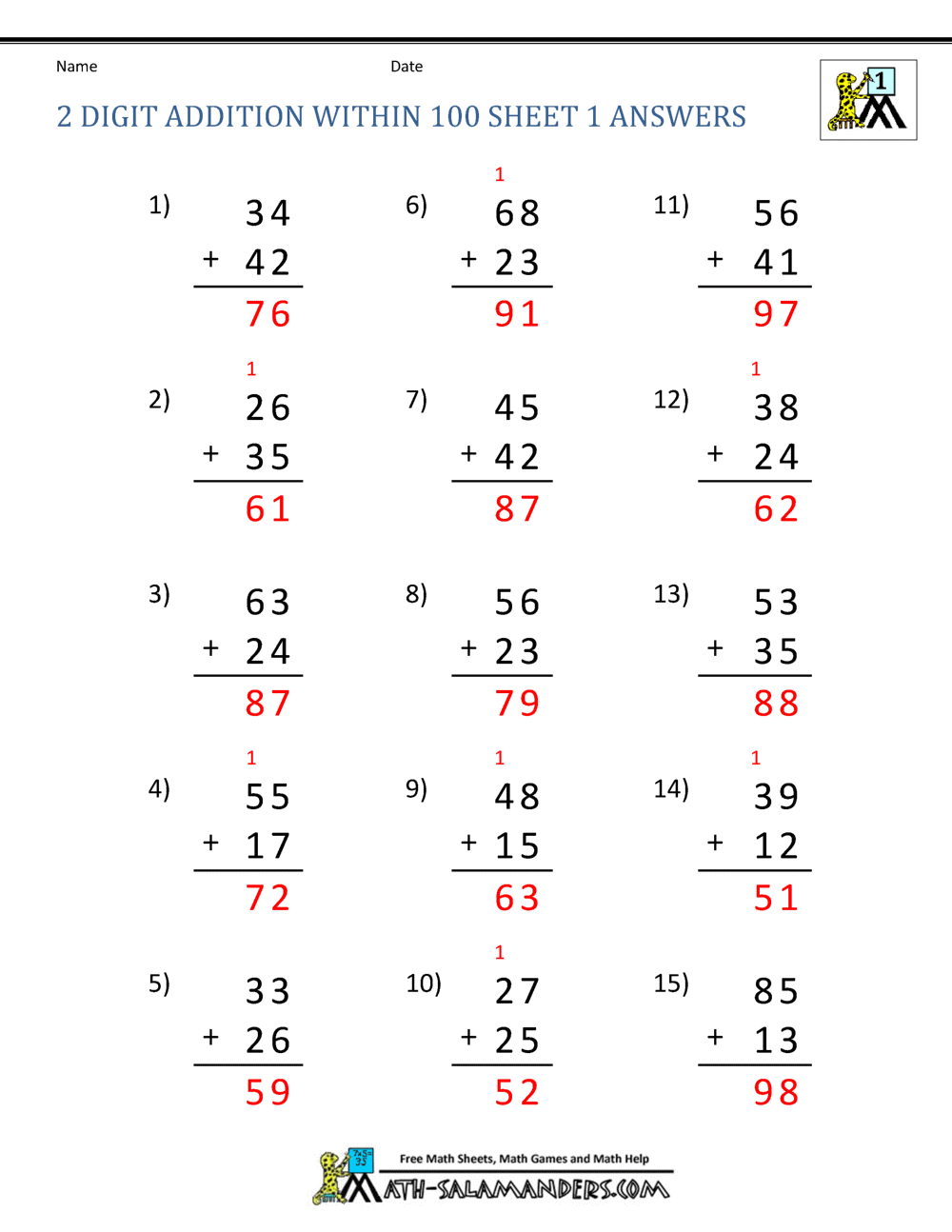 2 Digit Addition Worksheets