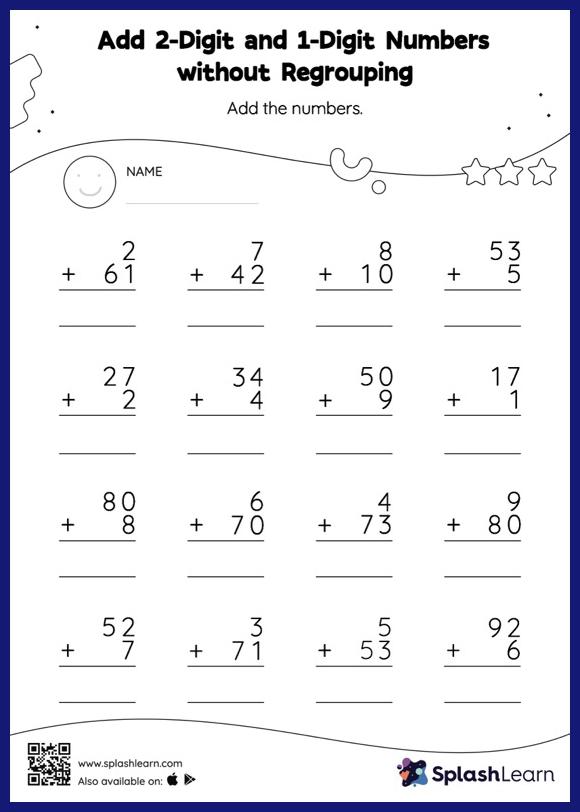 Add 2-Digit and 1-Digit Numbers without Regrouping: Vertical ...