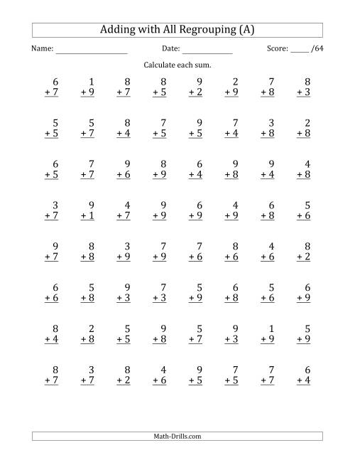 64 Single-Digit Addition Questions with All Regrouping (A)