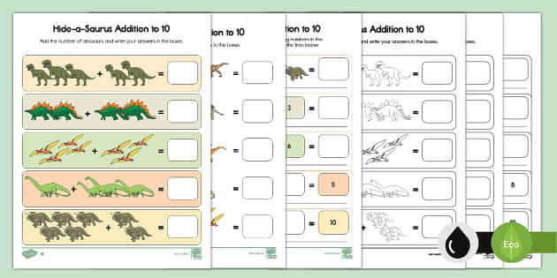 Single Digit Addition Worksheets | Dinosaurs | Grades K-3