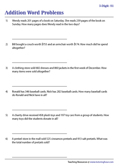 3-Digit Addition Word Problems Worksheets