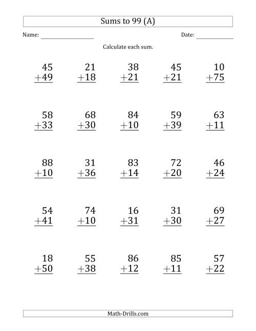 Large Print - Adding 2-Digit Numbers with Sums up to 99 (25 ...