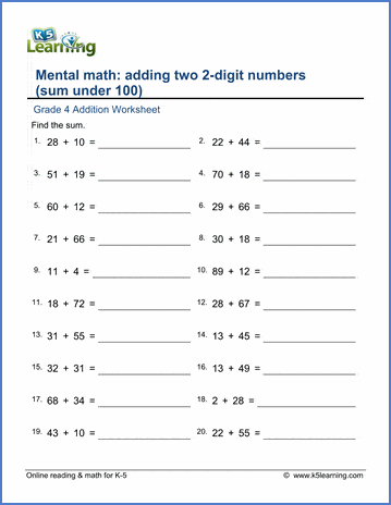 addition worksheet sums to 100