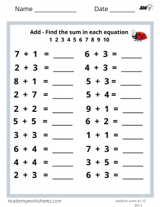 Addition Sums to 10 - Academy Worksheets
