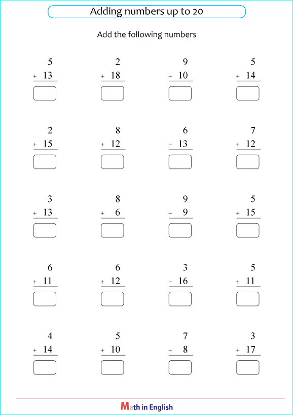 addition worksheet sums up to 20