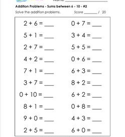 Addition Problems for Kindergarten - Sums up to 10 | A Wellspring