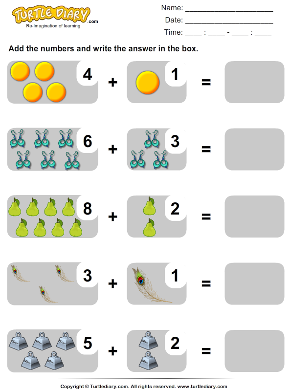 Object Addition Sums up to Ten | Turtle Diary Worksheet