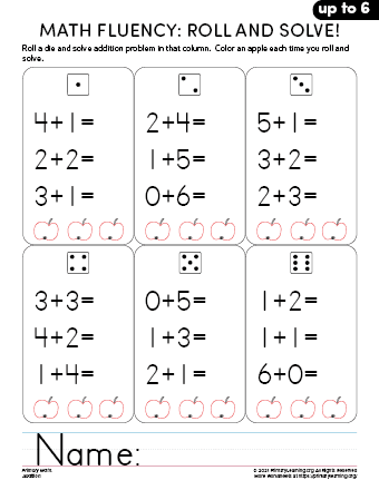 Addition Fluency - Roll and Solve Sum up to 6  