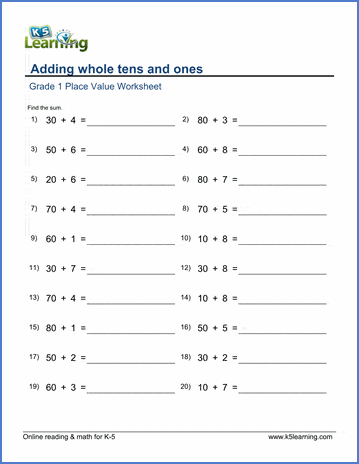 Grade 1 Place Value Worksheet - Adding whole tens &  ones | Worsheets library