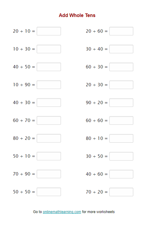addition worksheet tens and