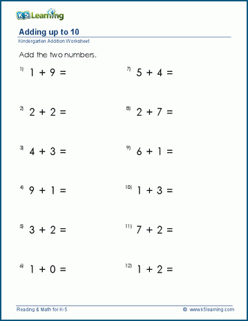 Adding up to 10 worksheet | Worsheets library