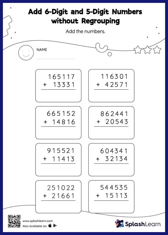 Add 6-Digit and 5-Digit Numbers without Regrouping: Vertical ...