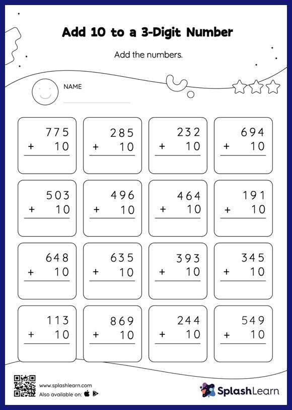 Add 10 to a 3-Digit Number: Vertical Addition - Math Worksheets ...