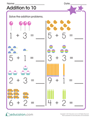 addition worksheet to 10 for kindergarten
