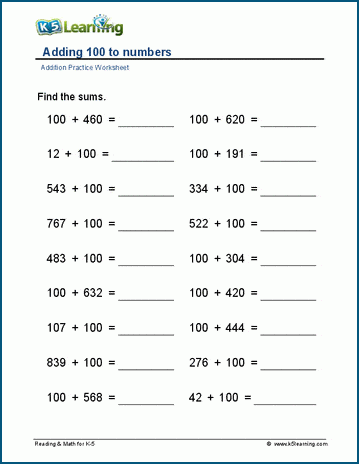 addition worksheet to 100
