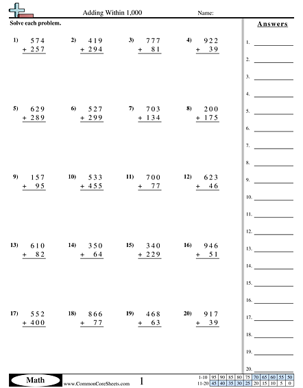 addition worksheet to 1000