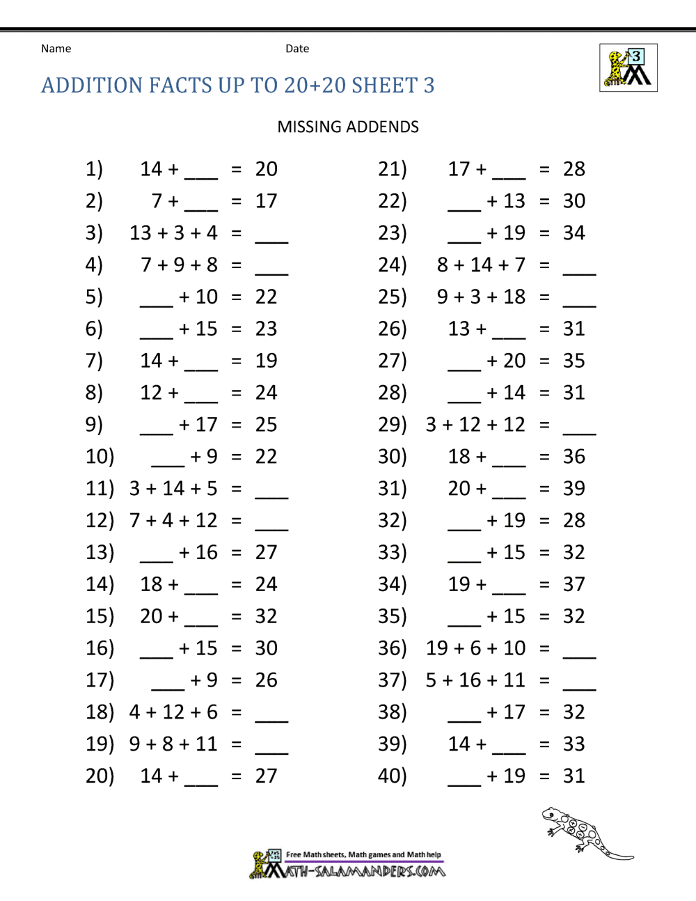 Math Addition Facts to 20 Worksheets Library