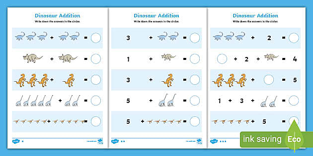 Dinosaur Addition within 10 Worksheet (teacher made)