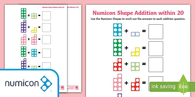 Number Shape Addition to 20 Worksheets - addition problems to 20