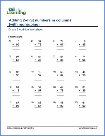 Grade 2 math worksheet: add 2-digit numbers in columns, with ...