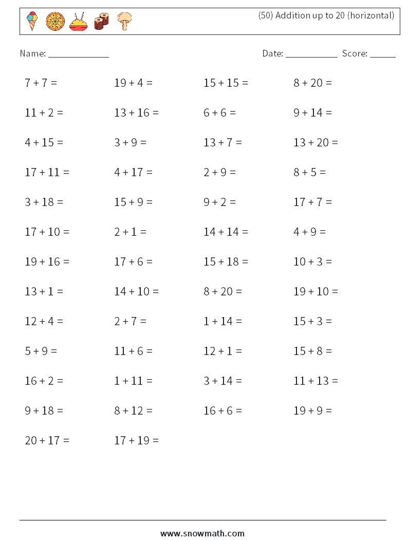 50) addition up to 20 (horizontal) Math Worksheets, Math Practice